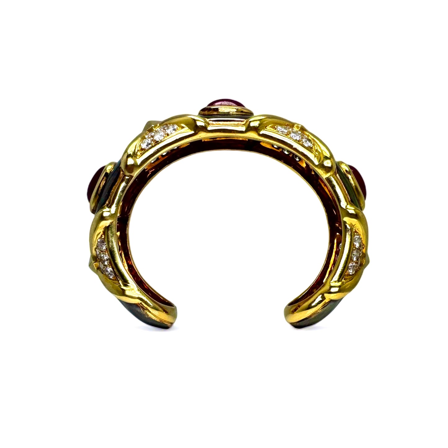 Bracelet vintage jonc en or noirci et jaune orné de rubis et diamants.