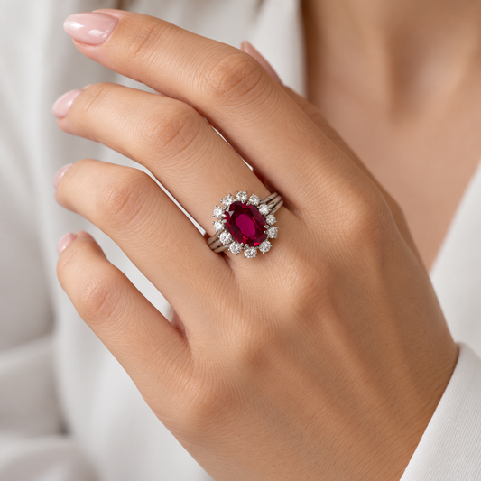 Bague ancienne rubis et diamants en platine et or blanc.