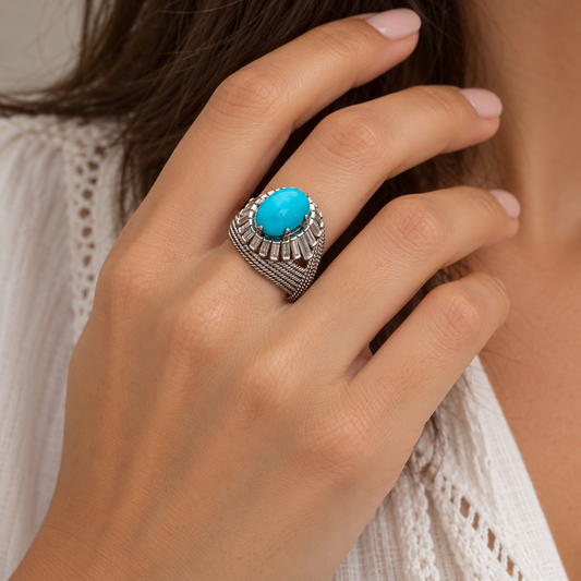 Bague Dôme en or, turquoise et diamants taille baguette.