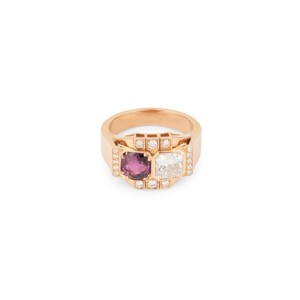 Bague "Toi et Moi" en or rose, diamants et rubis