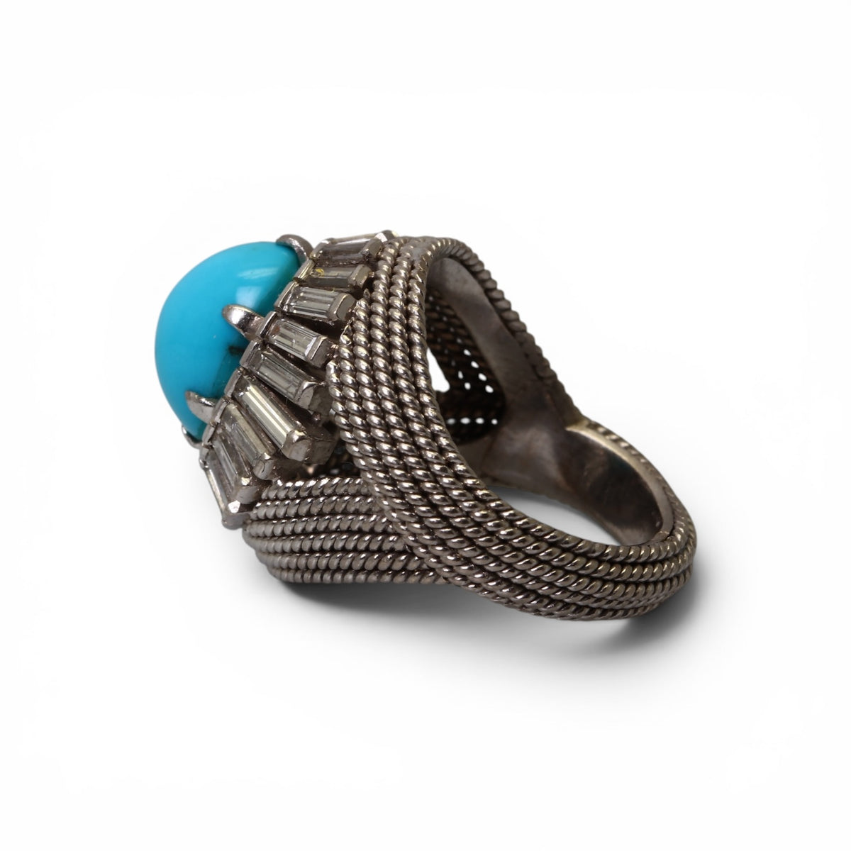 Bague Dôme en or, turquoise et diamants taille baguette.