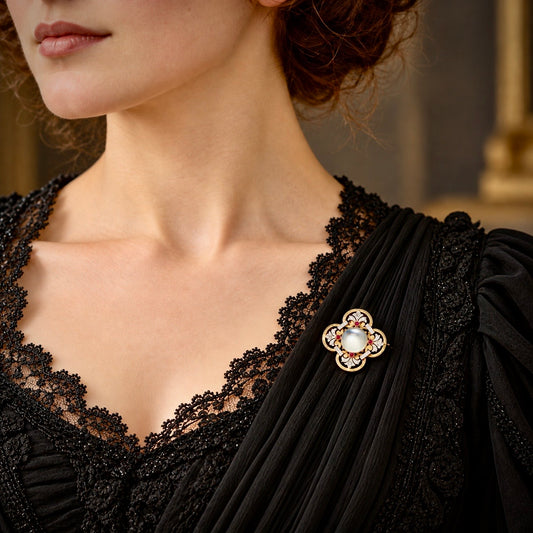 Broche en or, pierre de lune, diamants et rubis.