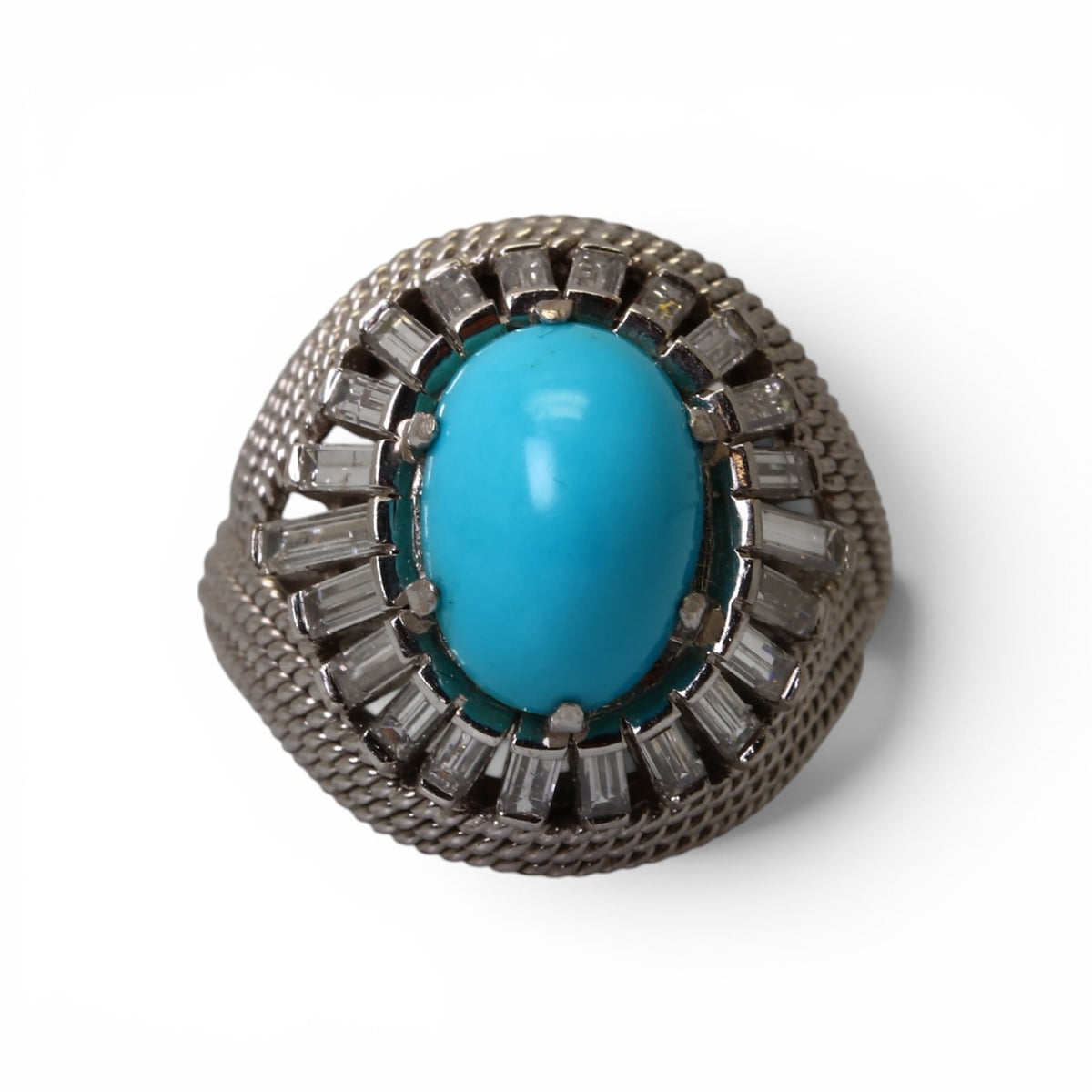 Bague Dôme en or, turquoise et diamants taille baguette.