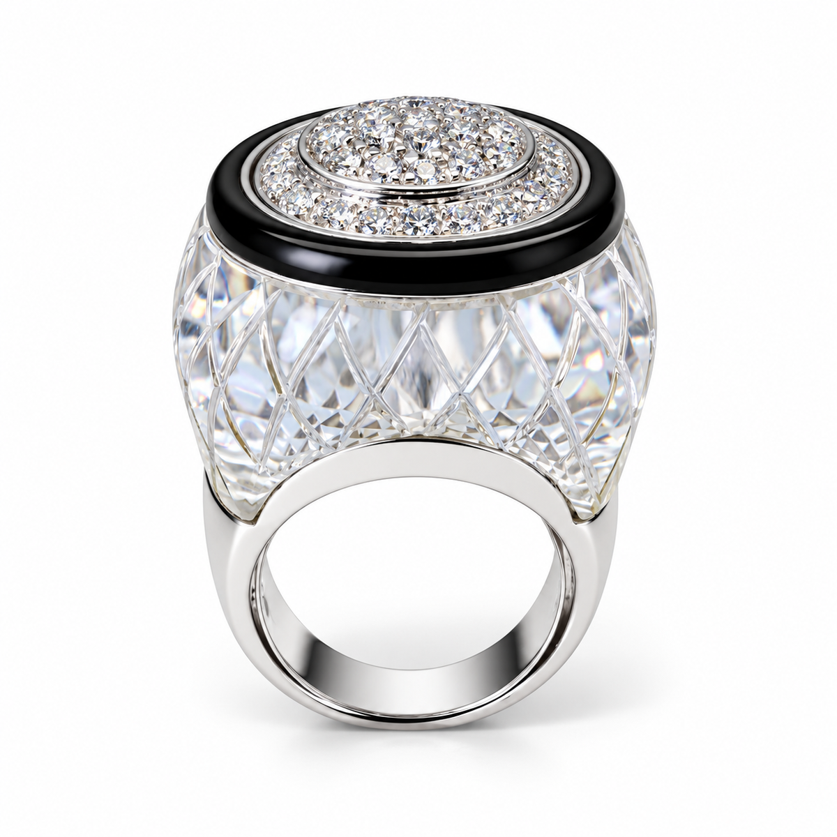 DAVID WEBB Bague en or blanc sertie de diamants et cristal de roche.
