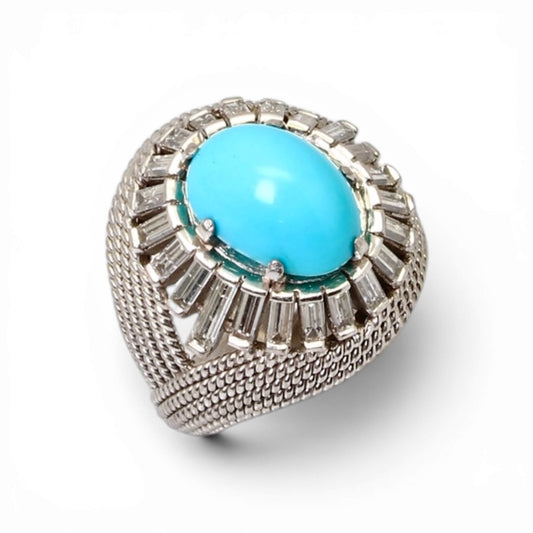 Bague Dôme en or, turquoise et diamants taille baguette.
