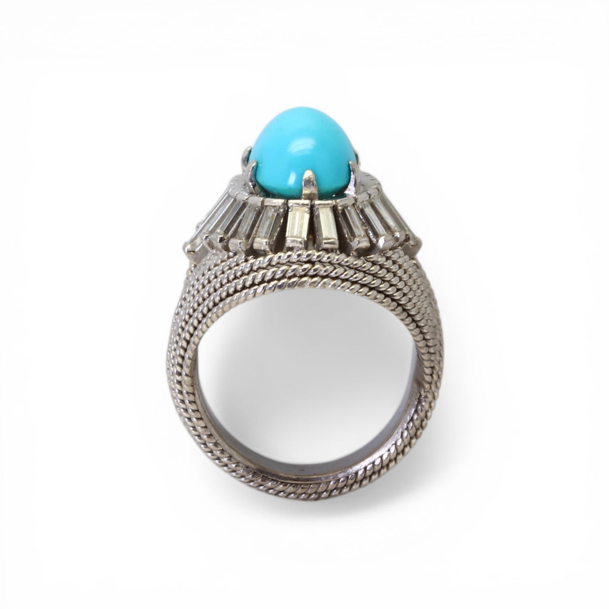 Bague Dôme en or, turquoise et diamants taille baguette.