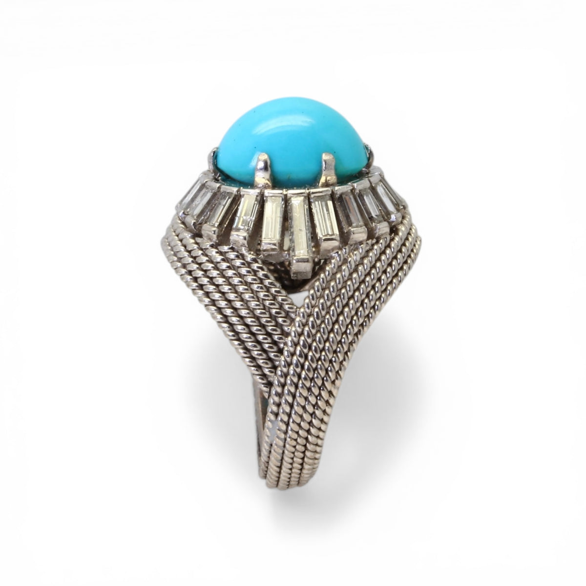 Bague Dôme en or, turquoise et diamants taille baguette.